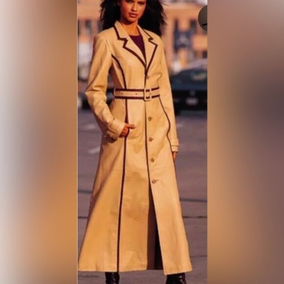 Newport News Camel Women's Genuine Leather Long Trench Coat Size M - Picture 2 of 11